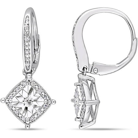 1/5 Carat Diamond Drop Earrings - 1/5 Carat T.W. Diamond Sterling Silver Inverted-Square Halo Earrings