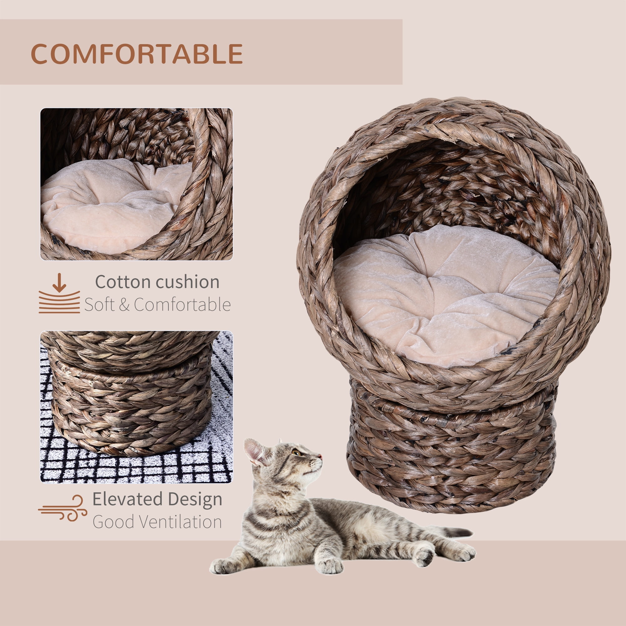 PawHut 20" Natural Braided Elevated Cat Bed Basket House Chair Sofa, Dark Brown