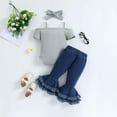 thumbnail image 4 of Odeerbi Infant Girls 3 Piece Outfits Ruffle Bodysuit Flared Jeans Set Summer Clothes Fashion Casual Round Neck Collar Short Sleeve Botton Tops Solid Color Long Pants Sets Gray, 4 of 9