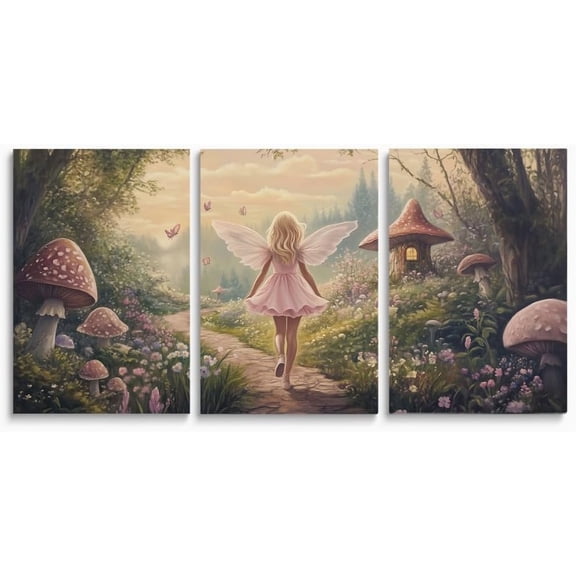 A Girl With Rings In The Enchanted Forest, Fairy Forest Nursery Wall Decor, Mushroom Wildflower Woodland Nursery Wall Art, Flower Art Prints for Girl's Room, Framed 12"x16"x3