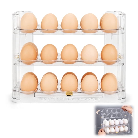 Sekonow Flip-Up Egg Holder for Fridge & Countertop, Clear 30 Count Egg Storage Organizer for Refrigerator Door with Slide Date Bar, 3-Tier Space Saving Container Tray, 1 Pack