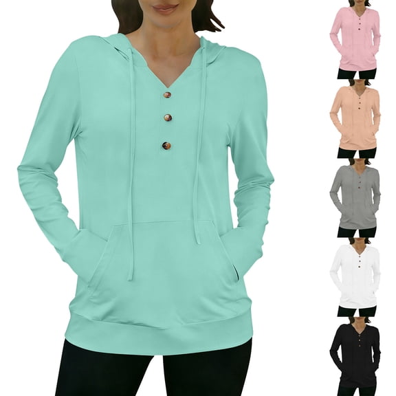 Women's Sun Protection Jacket Hoodie Women's Sports V-neck Sun Protection Hooded Solid Color Front Decorated Button Long Sleeve Top