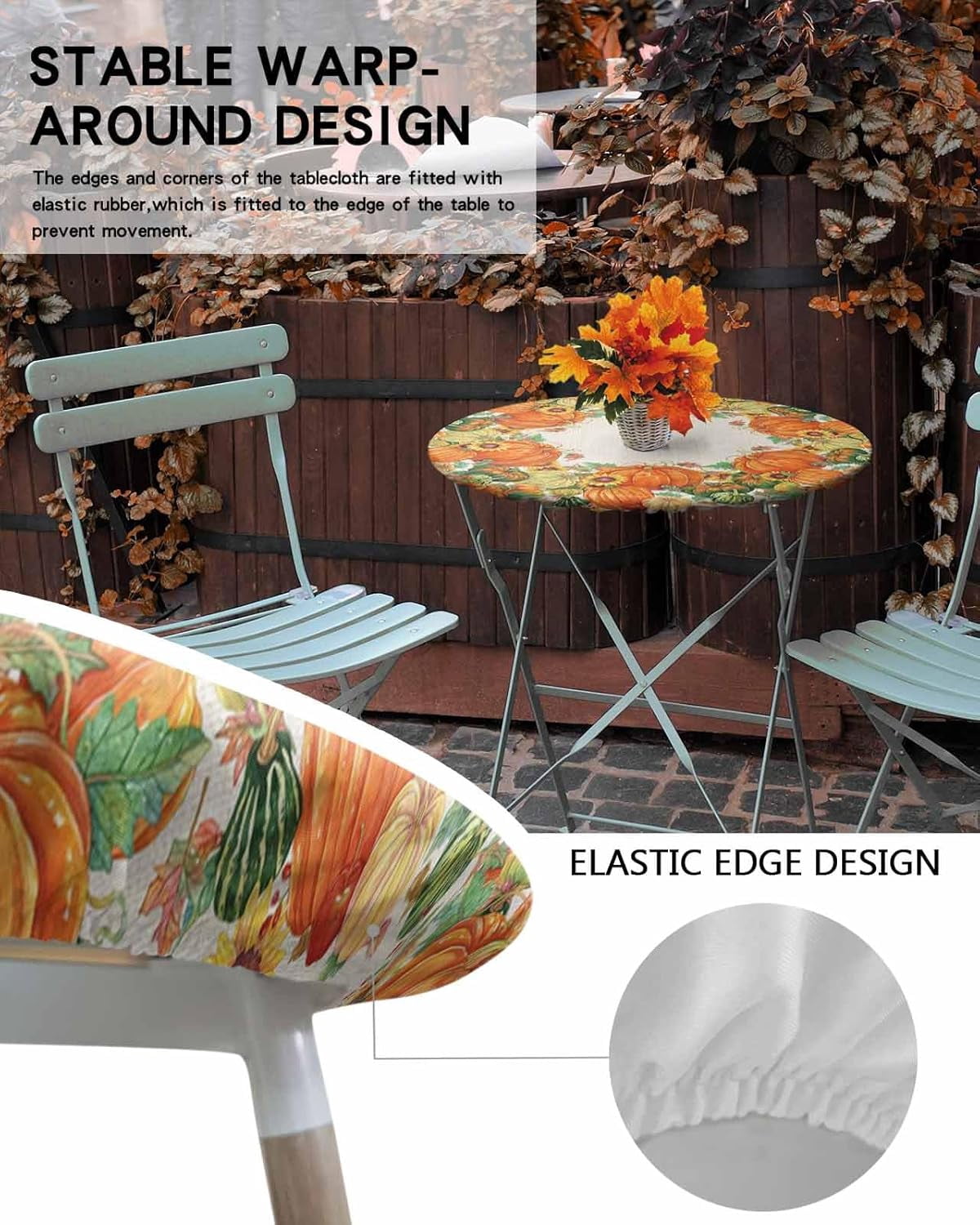 Round Fitted Tablecloth Elastic Edged Table Cover,Thanksgiving Fall Seamless Pumpkin Waterproof Wipeable Table Cloths for Kitchen Dining Party Fit up 36-44in Tables,Watercolor Maple Leaves on Burlap