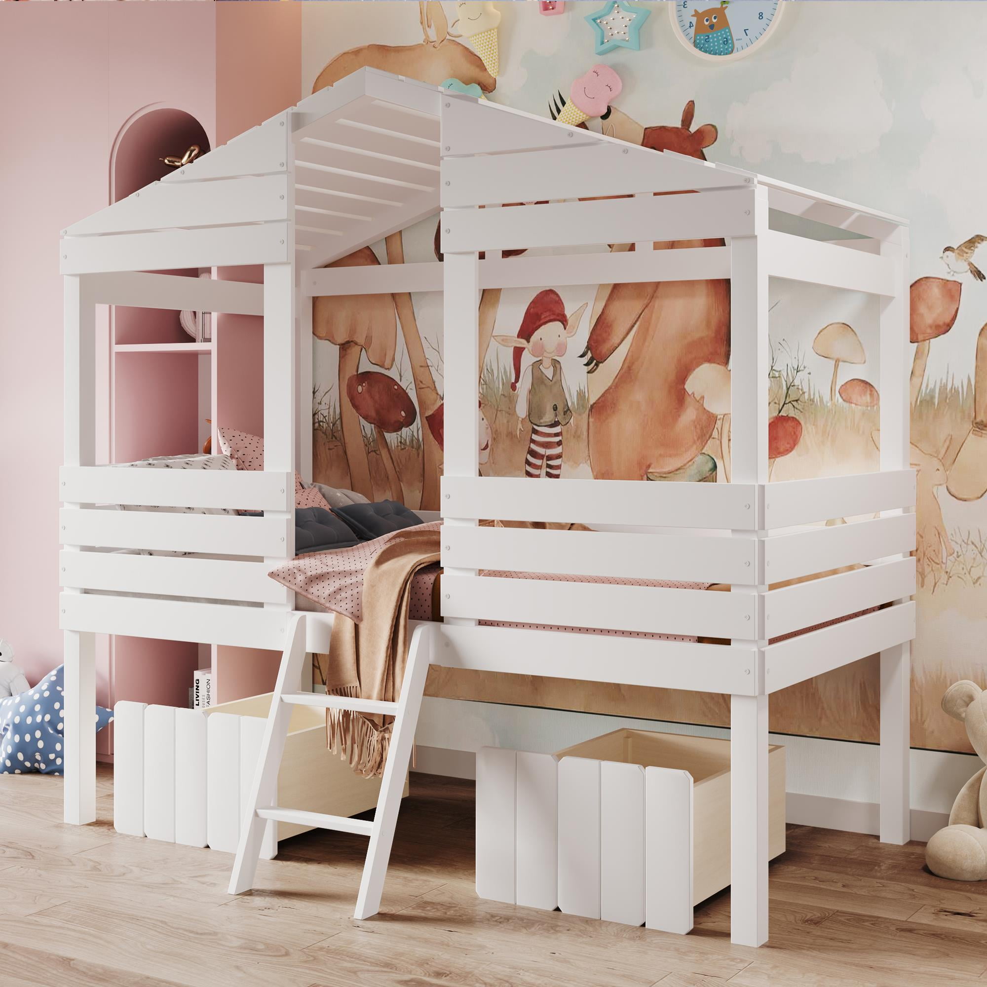 UBesGoo Twin Size Low Loft Bed Wood House Bed with Two Drawers, White