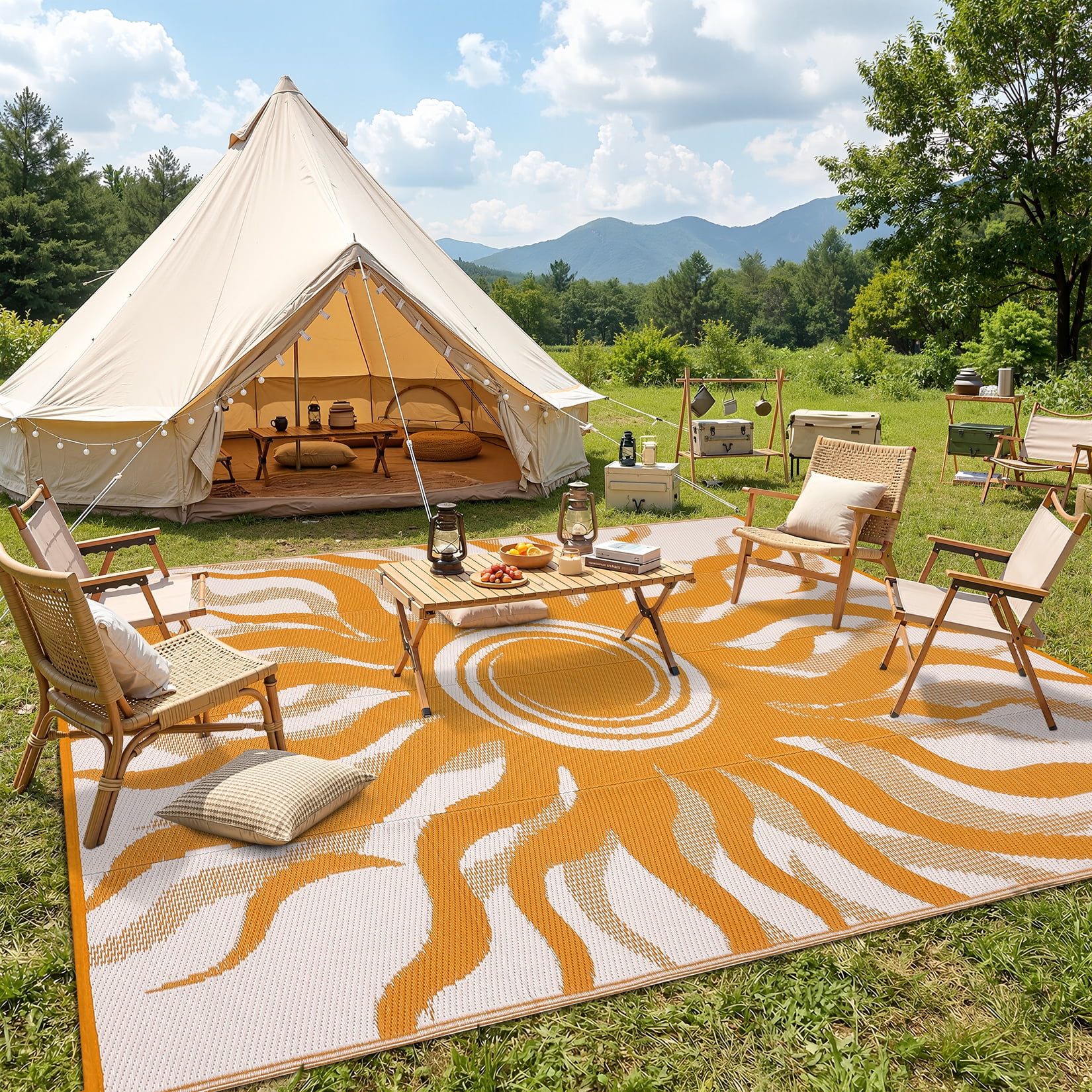 Soonbuy Sun Pattern Outdoor Rug, 8x10FT Waterproof Reversible Plastic Straw Outdoor Patio Rug, Quick Dry Easy Clean Outdoor Area Rug Carpet for Camping, Picnic, Balcony, Porch, RV