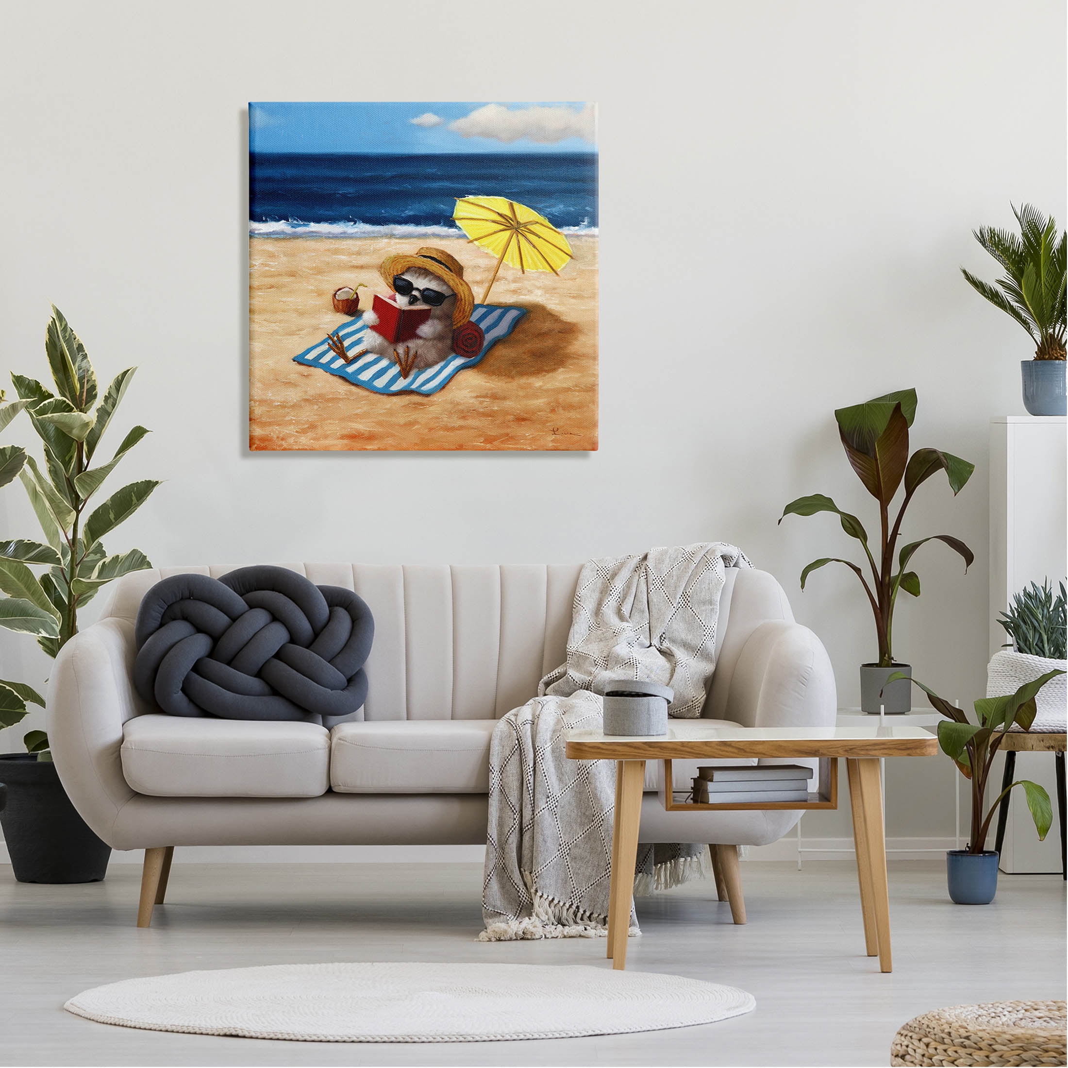 Bird Sunbathing Reading Beach Animals & Insects Painting Gallery Wrapped Canvas Print Wall Art