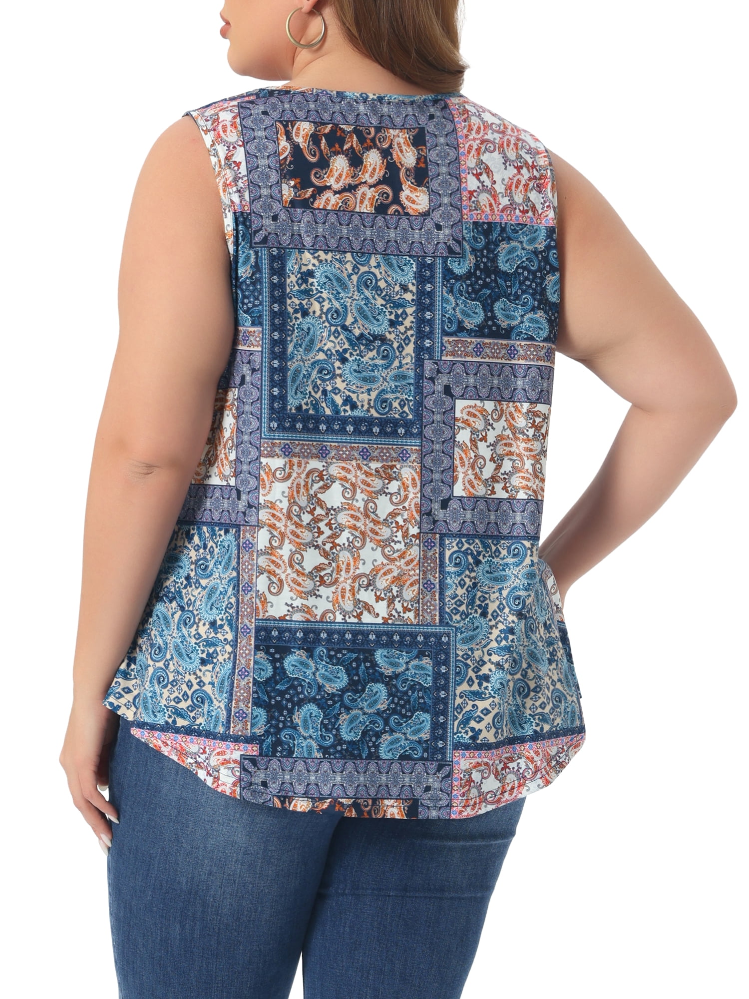DARING DIVA Women's Plus Crew Neck Boho Pleated Curved Hem Tank Top Blouse 2X Navy Blue