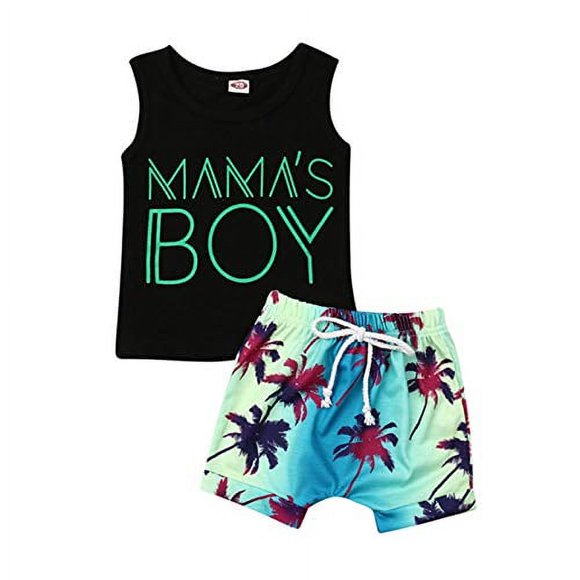 FYBITBO 2Pcs Baby Boys Summer clothing Sets cute Letters Print Sleeveless Tank Tops T-ShirtPalm Shorts Outfits (Black Tank TopsBeach Shorts, 18-24 Months)