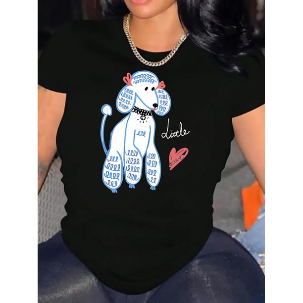 Camiseta de manga corta para mujer con estampado de perro de dibujos animados, top informal de verano con letras divertidas "Little", cómoda de algodón, lavable a máquina, negra con diseño azul y blan