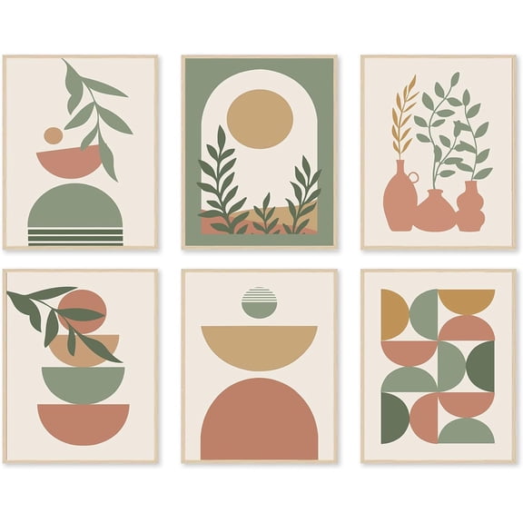 Wall Art Prints Set of 6, Mid-Century Modern Prints, Neutral Geometric Boho Wall Decor Sun Moon Palm Leaf Beige Green Canvas Artwork, Minimalist Boho Poster Paintings for Bedroom Living Room