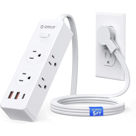 ORICO 9-in-1 Power Strip - 6 AC Outlets 3 USB A Ports(1 USB C), 3 Sided Outlet Extender, 45° Ultra-Thin Plug, 5FT Extension Cord for Home, Office, Travel, College Dorm - PSS(5FT)