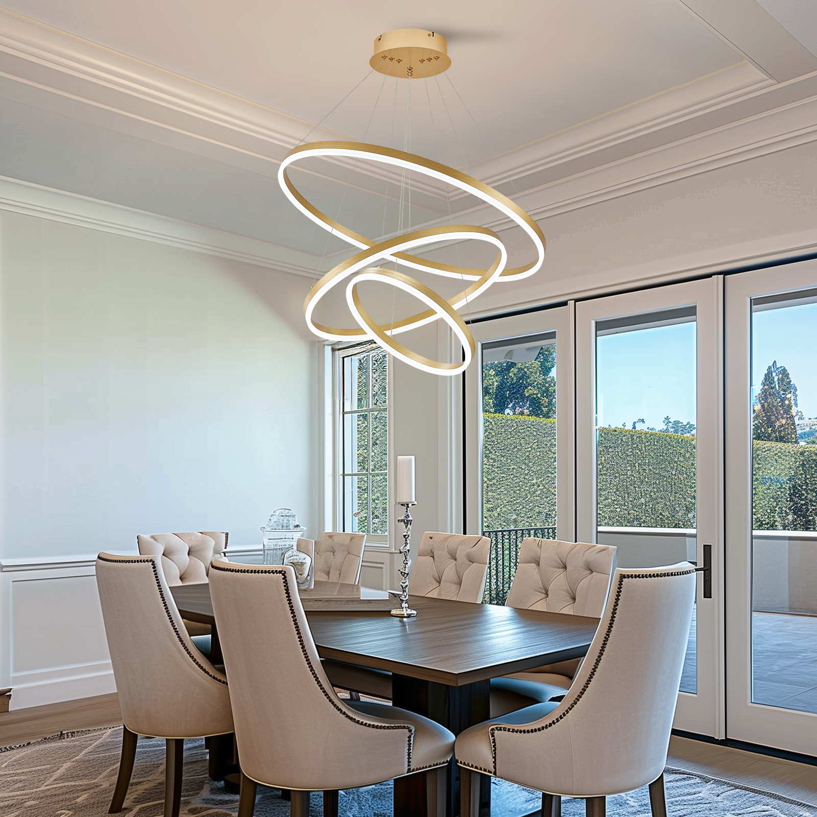 Gold 3-Rings Modern LED Chandelier Dimmable Pendant Lighting with Remote Control Circular Flush Mount High Ceiling Light for Living Room Dining Room Foyer, 3000K-6500K D31.5"