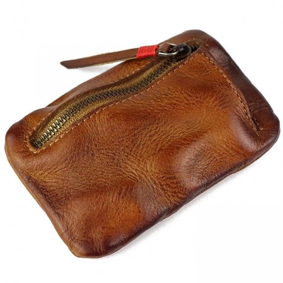 Hsqqdc 1pc Genuine Leather Vintage Zipper Coin Pouch Men Change Holder for Daily Cash Cards