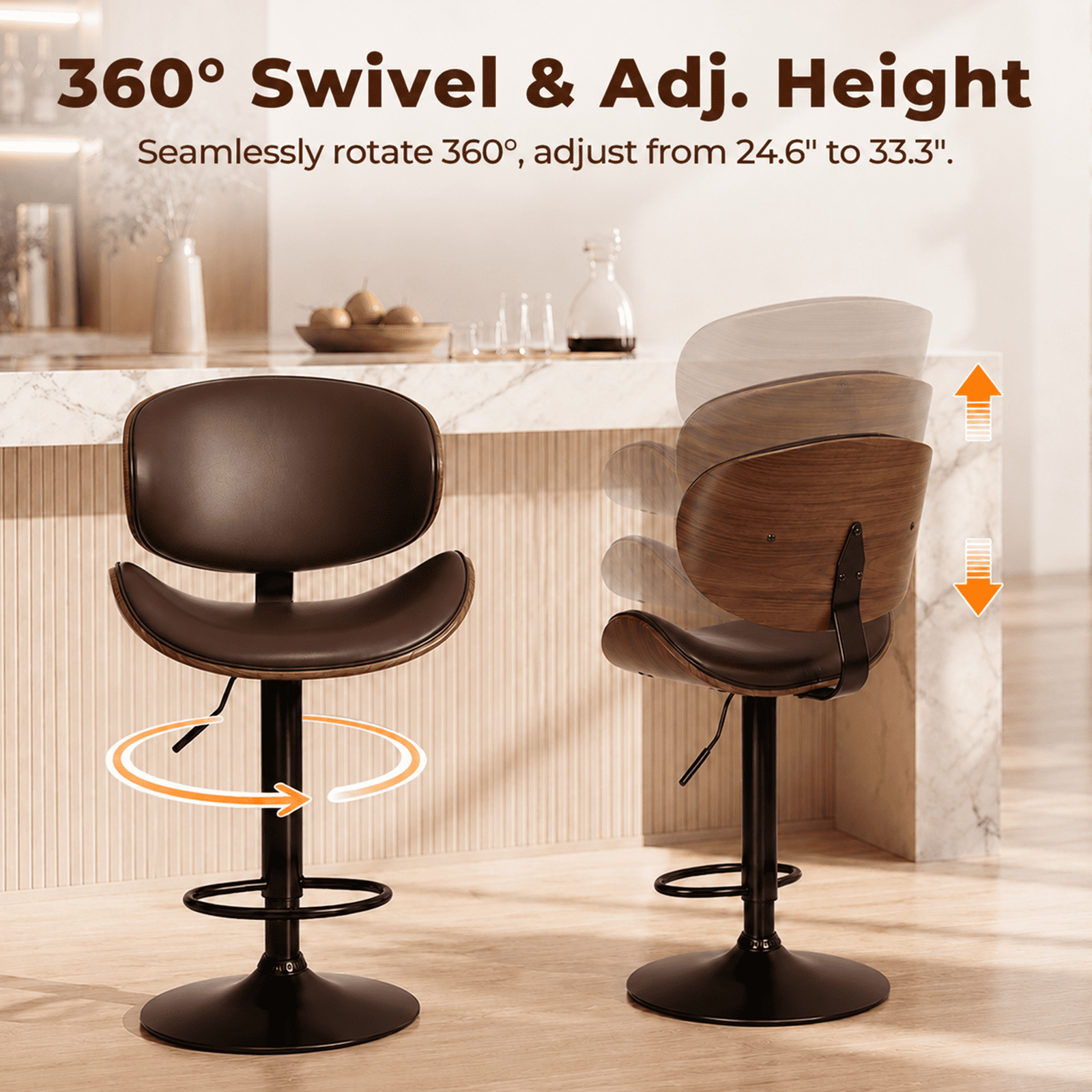 Alvantor 2-Pack Swivel Bar Stools, for Kitchen Counter, Adjustable Bar Height Chairs, Modern PU Leather Upholstered Bar Chair with Back and Footrest, for Bar, Kitchen Island, Dining Room