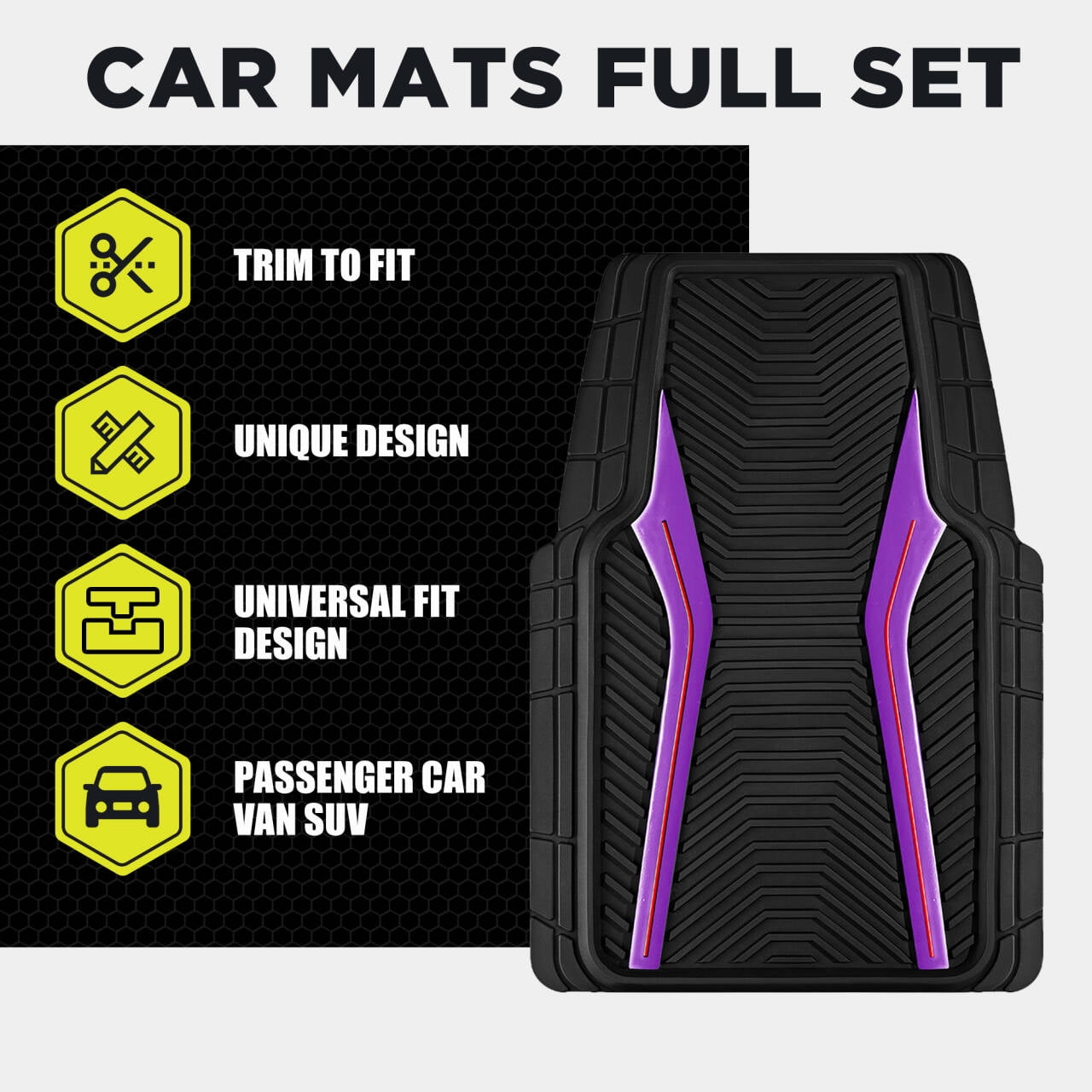 Auto Drive 4Piece Rubber Car Floor Mats Carbon Fiber Purple - Universal Fit