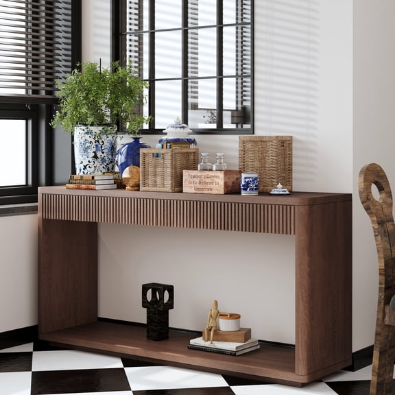 BRBR 60-IN Modern Fluted Console Table with 2-Drawer, Natural Wood Table for Living Room, Hallway & Entryway, Brown