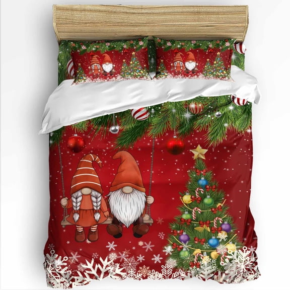Christmas Gnome King Size Comforter Set, Snowflake Xmas Tree Ball Evergreen Bough Red Bedding for All Seasons, 4 Pcs Bed Set with 1Comforter (90"x106") ,1 Sheet(94"x116"), 2 Pillowcases (19"x35")