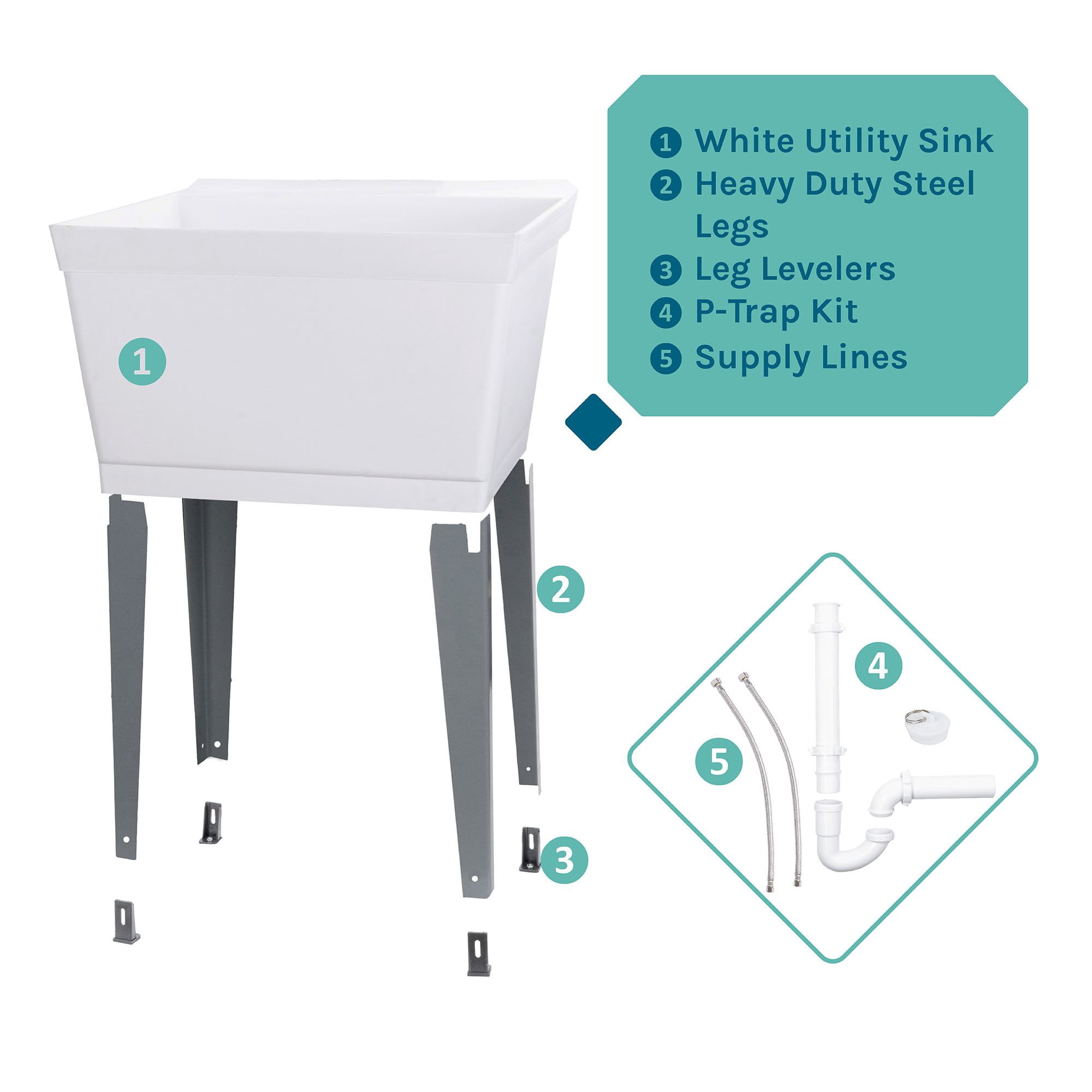 Tehila Metal Deep Laundry Utility Sink with Grey Legs and P-Trap Kit, 19 Gallon
