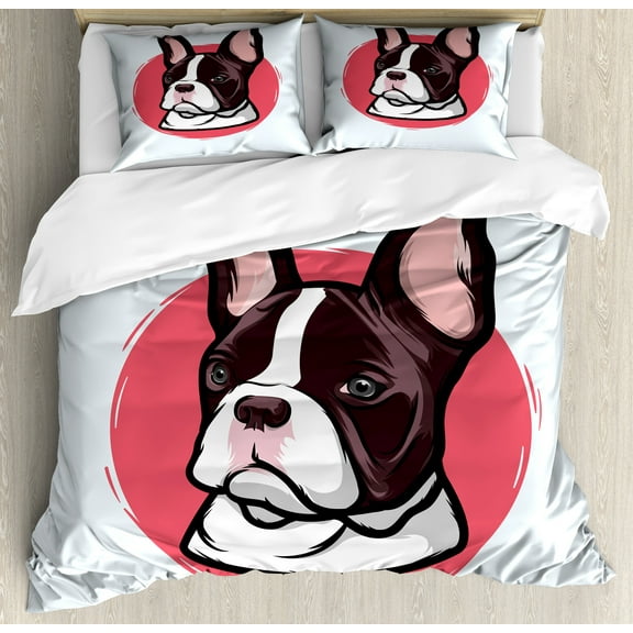 Animal Duvet Cover Set, French Bulldog Portrait Hipster Purebred Creature Pet Illustration, Decorative 3 Piece Bedding Set with 2 Pillow Shams, Calking Size, Pink Brown, by Ambesonne