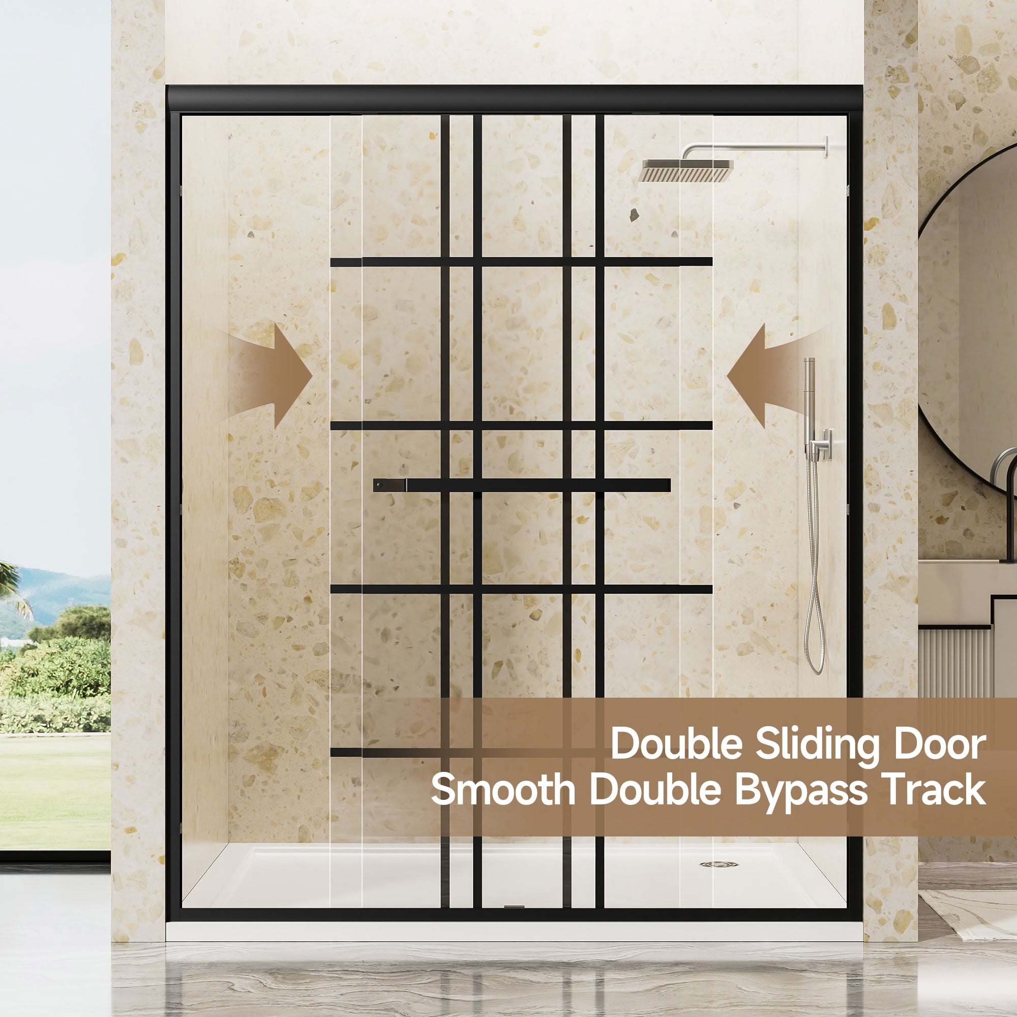 MAYEERTY Double Sliding Shower Door, Matte Black Grid Frame, 1/4" Tempered Glass with Nano Self-Cleaning Coating, Waterproof & Reversible Installation