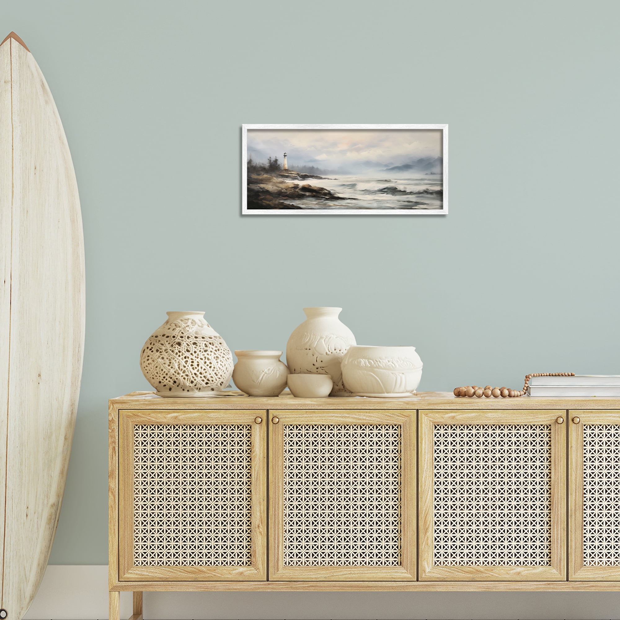Stupell Industries Coastal Lighthouse Waves Coastal Painting White Framed Art Print Wall Art, 24 x 10