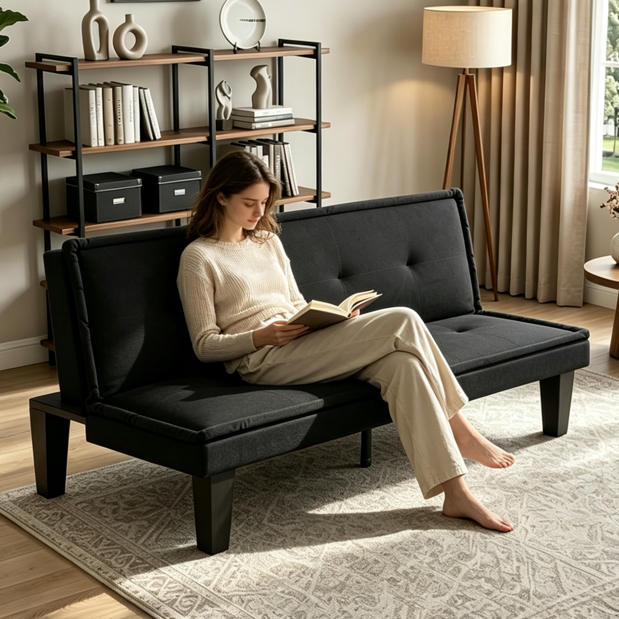 Gewnee 62.99" Convertible Futon Sofa Bed, Black photo 1