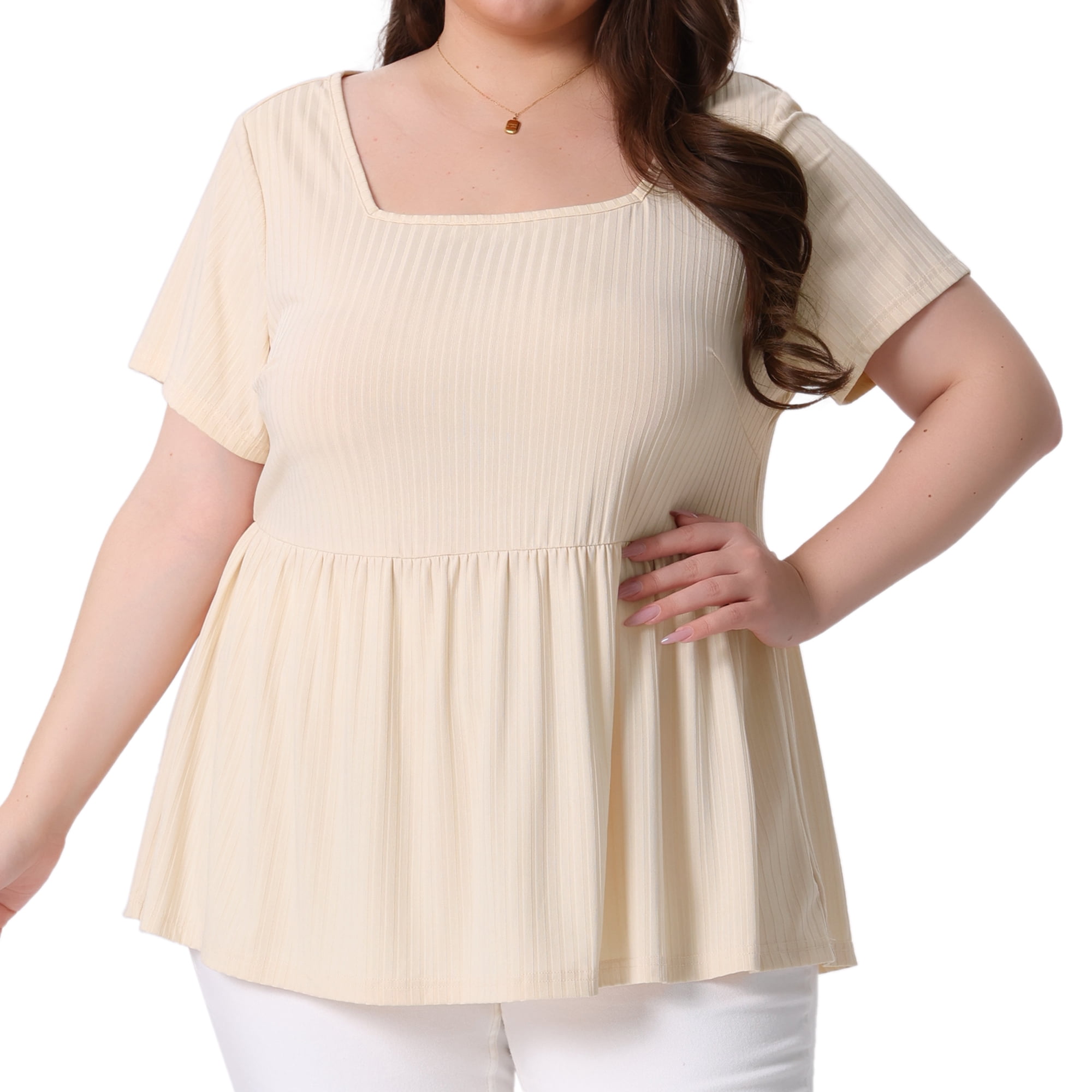 DARING DIVA Women's Plus T-Shirts Square Neck Peplum Short Sleeve Tops 4X Beige