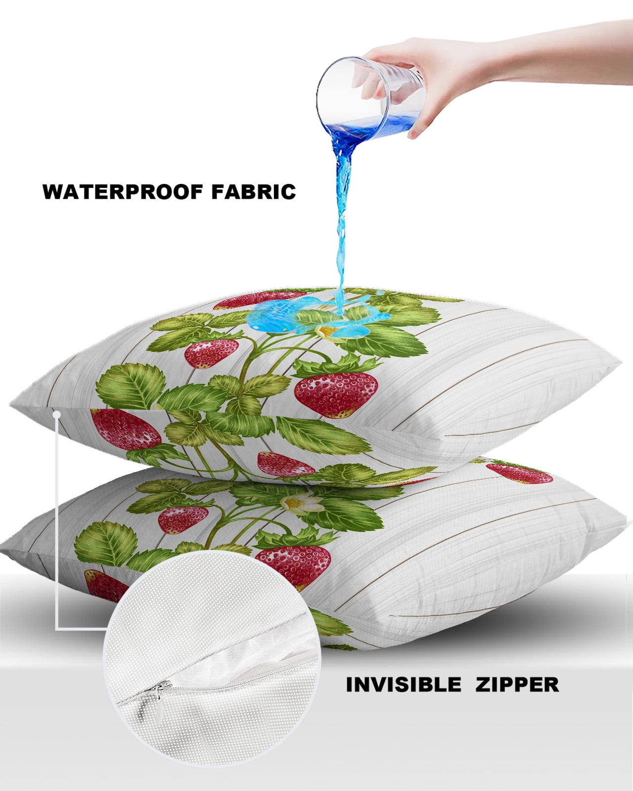 Pack of 2 Outdoor Pillow Covers, Spring Strawberry Plants Retro Illustration Wood Grain Waterproof Square Throw Pillowcase Cushion Decorative Pillow Covers for Couch Patio Tent, 18x18 in