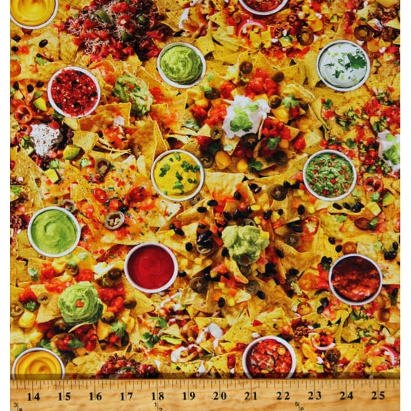 Cotton Loaded Nachos Supreme Tortilla Chips Salsa Guacamole Pico de Gallo Mexican Food In Queso Emergency Cotton Fabric Print by the Yard (FOOD-CD2214-MULTI)
