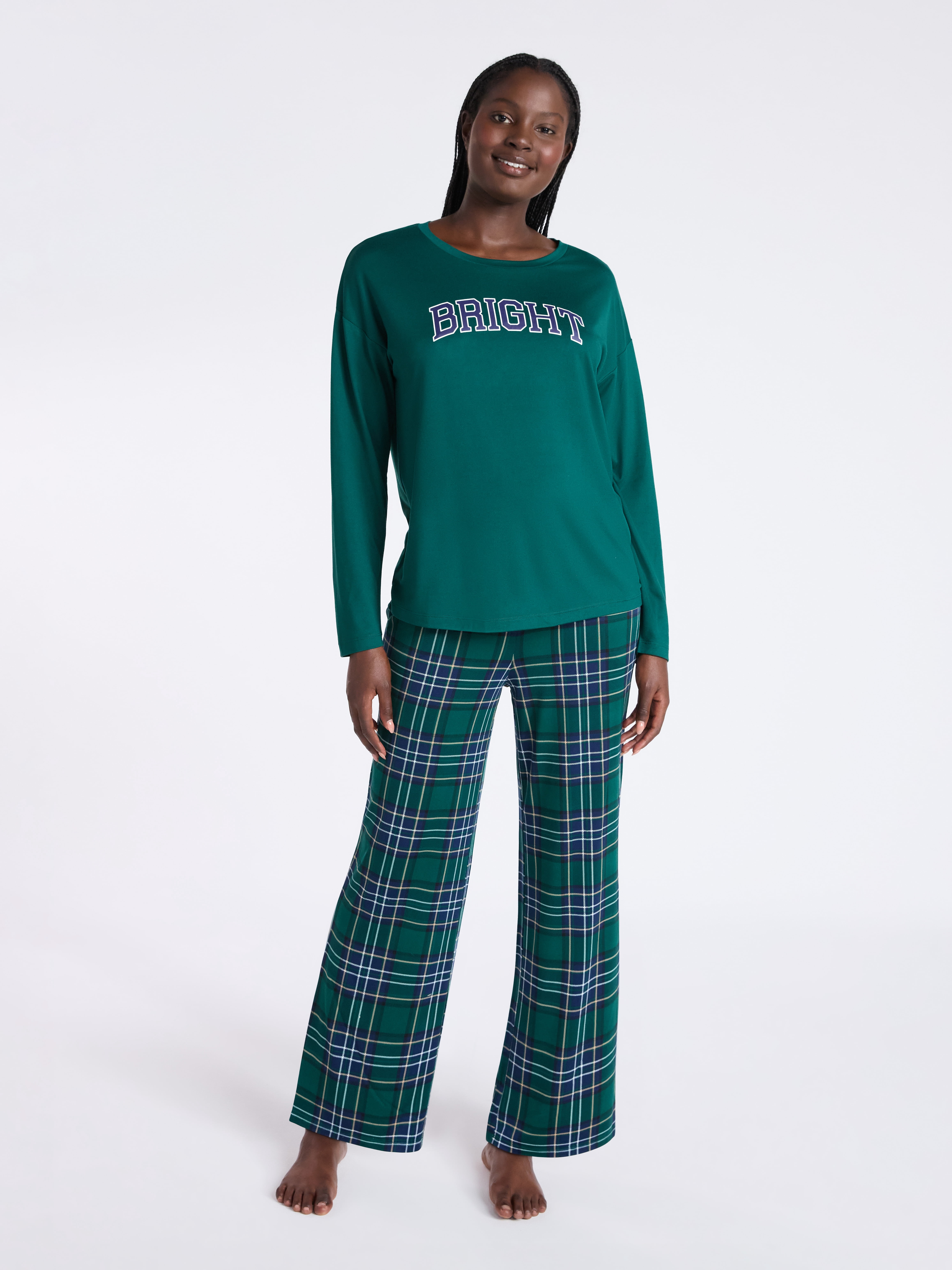 Joyspun Women's Dreamy Soft Collection Long Sleeve Sleep Top and Straight Leg Pants Pajama Set, 2-Piece, Sizes XS-3X