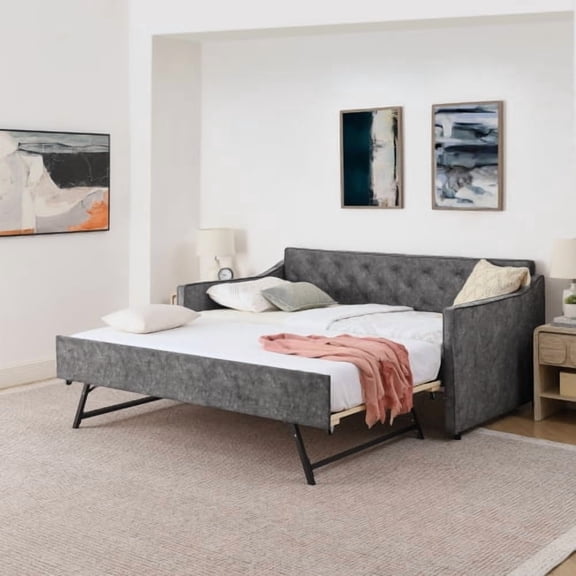84" Button Tufted Daybed, Convertible Sleeper Sofa, Mid-Century Daybed with reinforced frame twin trundle USB charging for compact spaces, Grey