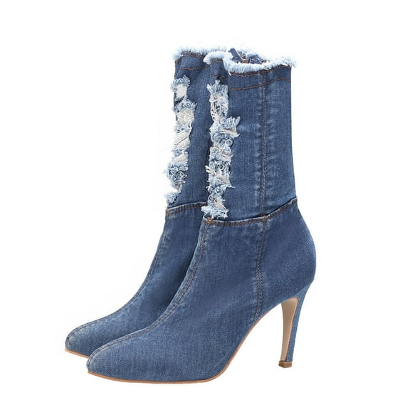 CIMAXIC 1 Pair Thigh High Boots for Women Blue Denim Leg-lengthening Effect Autumn Winter Shoes