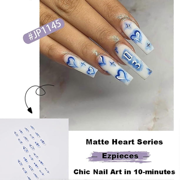 Fake Nails with Glue, Press on Nails Long Coffin Nails, Matte Heart Acrylic Nails Baby Blue Artificial French Tip-4PCS/Set