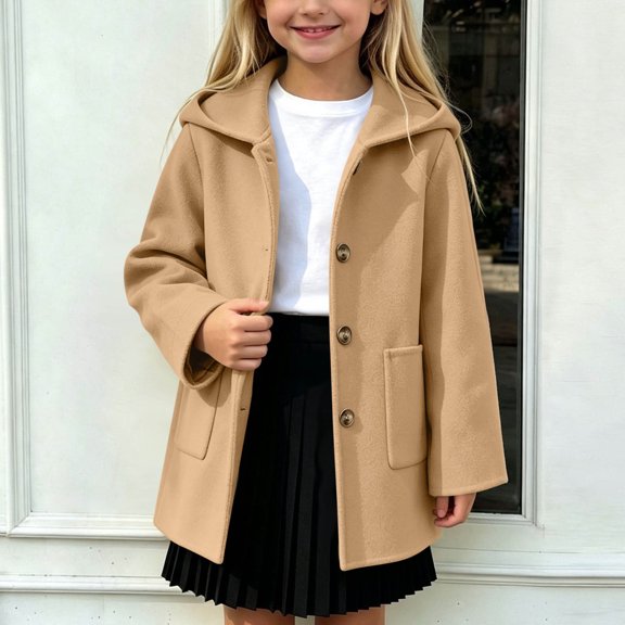Cethrio Girls Wool Blend Peacoats Size 14, Mid-length Fashion Warm Single‑Breasted Winter Outerwear with Pockets Khaki