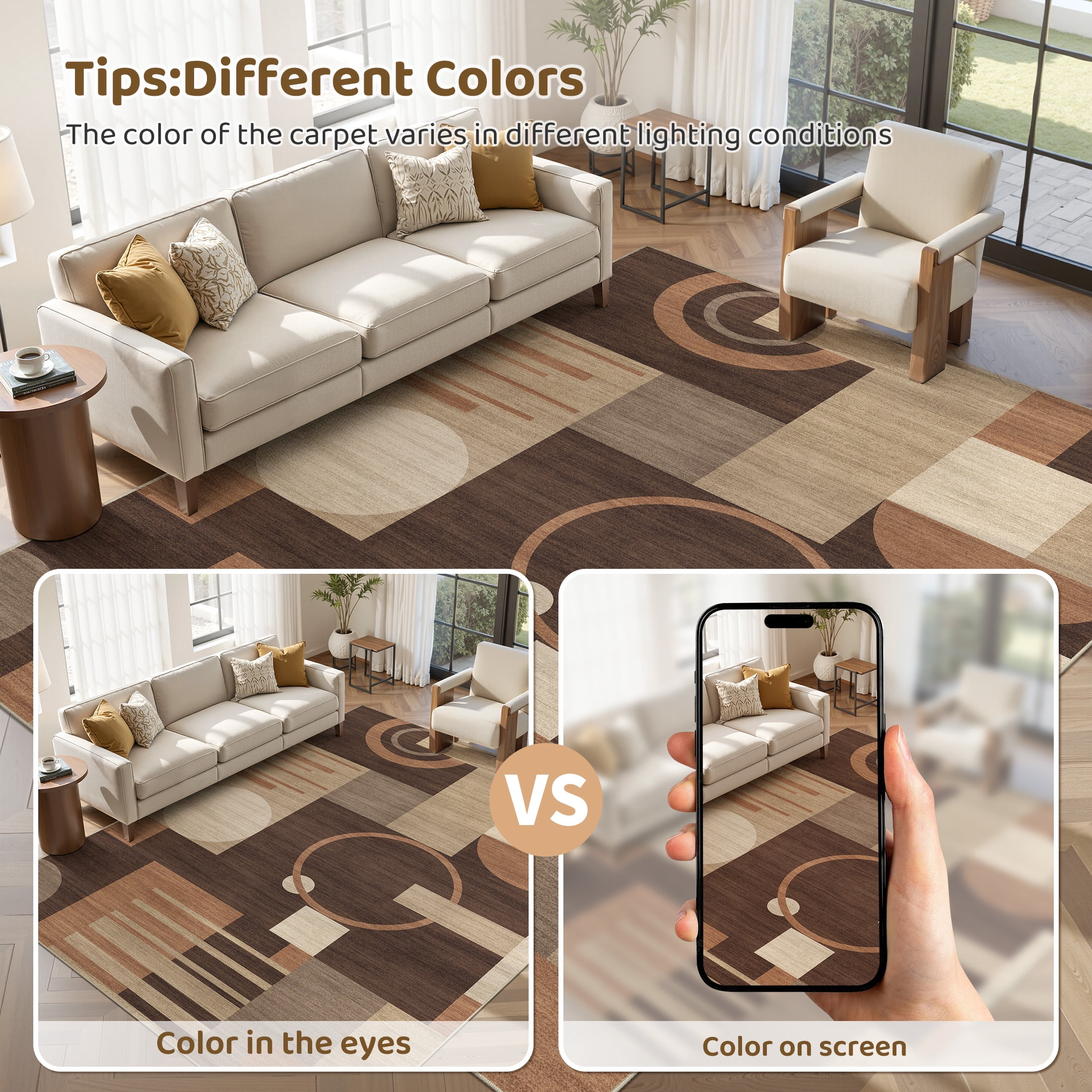 MICGEEK 8x10 Washable Area Rugs for Living Room, Modern Geometric Printed Rug, Vacuum-Friendly, Non Slip Indoor Rug for Bedroom Dining Room Home Decor Carpet, Brown/Beige