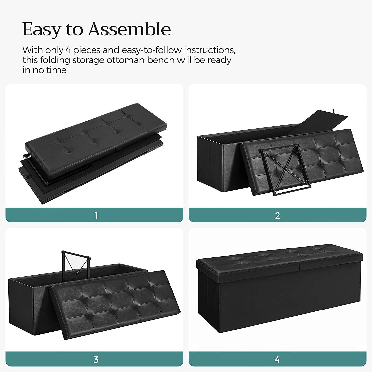 Songmics 43" Folding Storage Ottoman Bench, Black photo 6