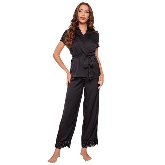 ebukurty Black Pajamas for Women Set 2 Piece Lcce Short Sleeves Tie Sleepwear, Sizes S-XL