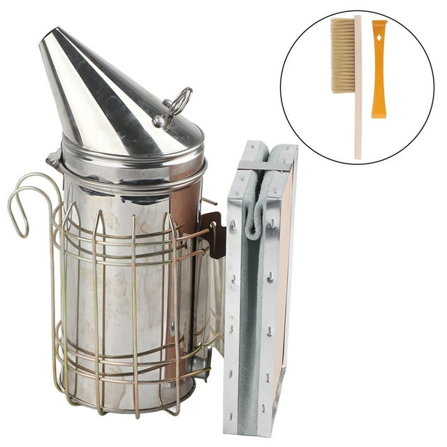 Ahumador manual de acero inoxidable para apicultura, herramienta con protección térmica.