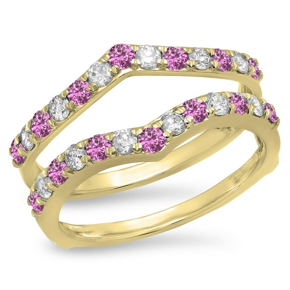Dazzlingrock Collection 14K Round Pink Sapphire & White Diamond Wedding Enhancer Guard Double Band 1 CT, Yellow Gold, Size 7.5