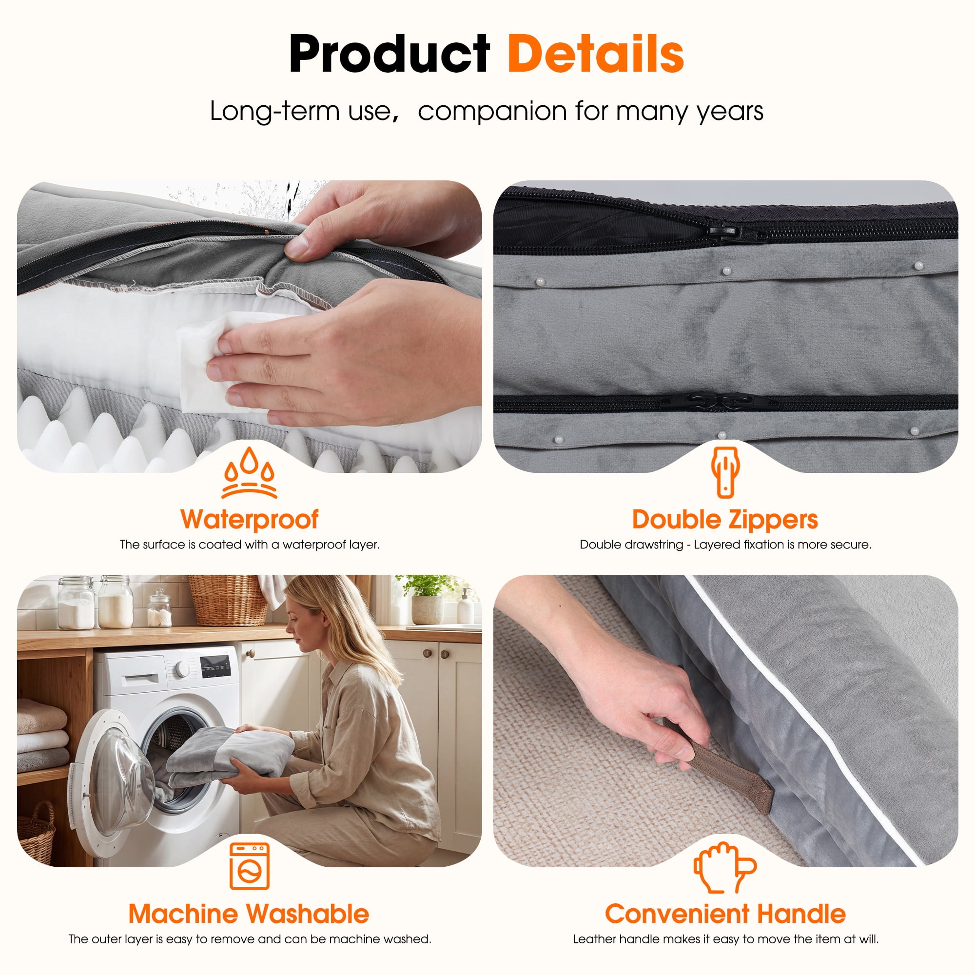 Extra Large Orthopedic Dog Bed Waterproof Pet Sofa Bed Four-Sided Bolster Cushion with Removable Washable Cover for Big Dogs Gray