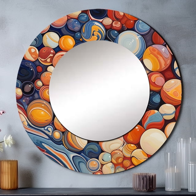 Designart "Marbles with Mystical Essence I" Abstract Shapes Rund Mirror For Wall Decor - Large Orange Round Print Mirror - Round Coastal Mirror 29" x 29" Inch - Wall Mounted Round Large Mirror