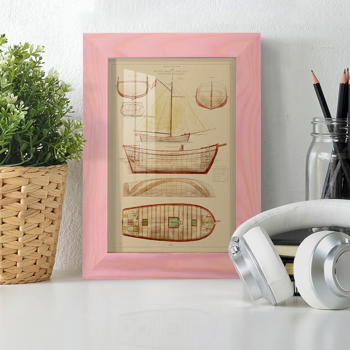 Antique Ship Plan III -Framed Print w/glass-Sunset Pink