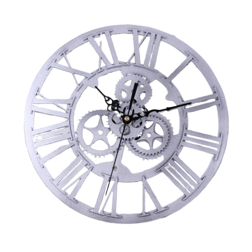 GOOHOCHY Retro Gear Wall Clock in Wood, Silver Industrial Style Decor