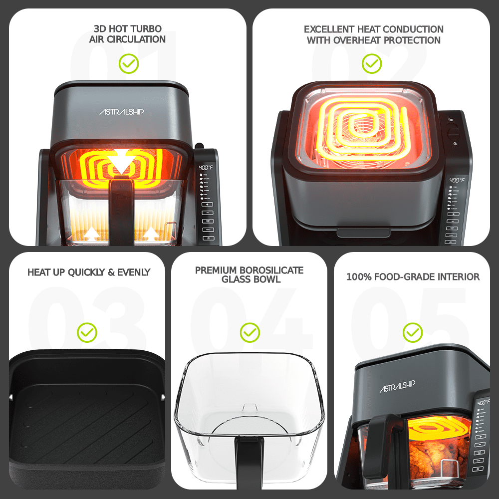 ASTRALSHIP Air Fryer for Countertop, 2‑in‑1 Glass Air Fryer & Grill Pan Combo, 4.2 QT + 1.3 QT, Air Fryer Non Toxic, Digital Presets, Healthy Cooking, Non‑Stick, Multi‑Function for Griddle & Baking
