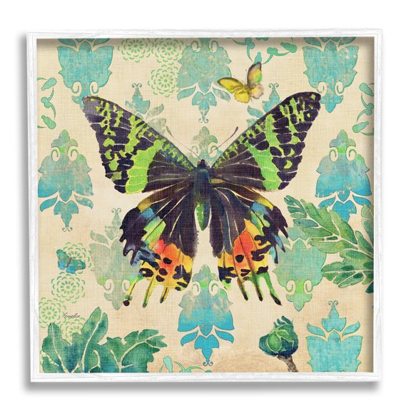 Stupell Turquoise Butterfly Damask Pattern Animals & Insects Painting White Framed Art Print Wall Art