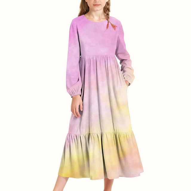 Vestido infantil de poliéster con estampado degradado, manga larga, cuello redondo, bolsillos laterales, falda larga para niña