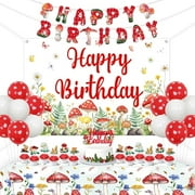Mushroom Birthday Party Decorations Watercolor Mushroom Happy Birthday Backdrop Banner Red Wildflower Mushrooms Cake Toppers Tablecloth Forest Fairy Party Balloons for Bday Baby Shower