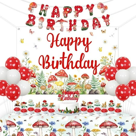 Mushroom Birthday Party Decorations Watercolor Mushroom Happy Birthday Backdrop Banner Red Wildflower Mushrooms Cake Toppers Tablecloth Forest Fairy Party Balloons for Bday Baby Shower