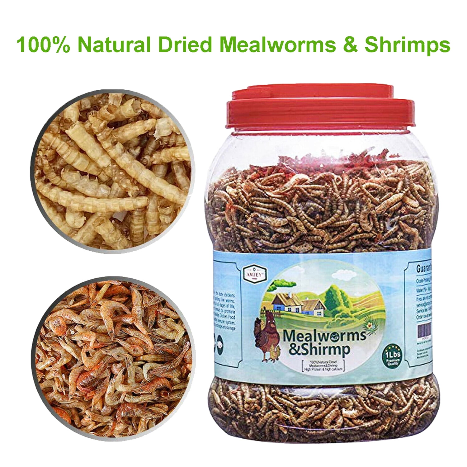 Amzey 2 Pack 1 LB Shrimp & Mealworms, 100% Non-GMO, Wild Bird Food, Chicken Feed, Fish Food, Reptiles Food, 2 lbs Total