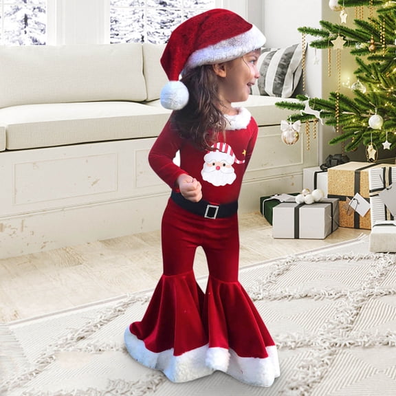 Ydojg Christmas Outfit Set For Girls Toddler Santa Claus Print Pullover Warm Outfit Set Crewneck Long Sleeve Tops With Pants Winter Kids Clothes Green Size 2-3 Years